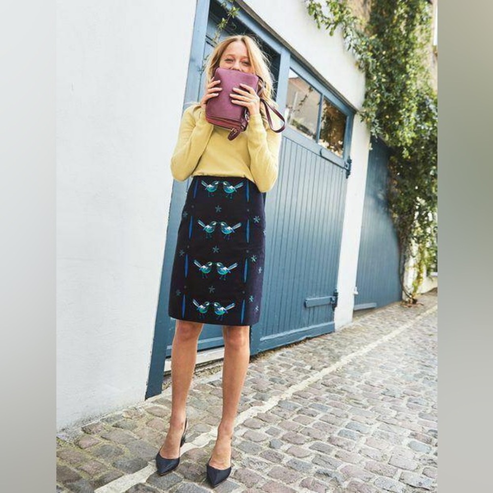 Boden navy blue velvet Pencil Skirt with Blue embroidered Birds stretch cotton